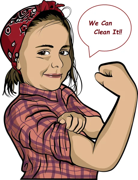 The DA Maids mascot: a woman in a red bandana and plaid shirt flexing her arm beside a speech bubble reading We Can Clean It!!