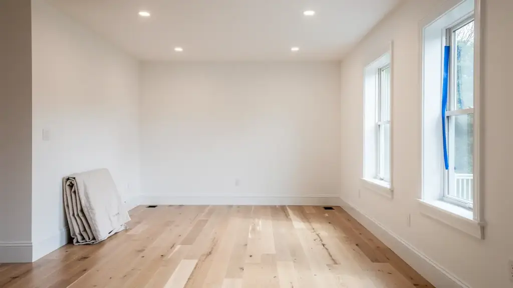 Renovated living room wiped dust-free with a new oak floor and painter's tape still on one window frame