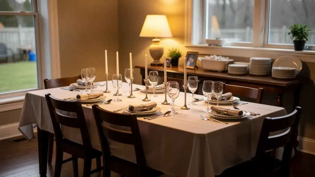 Home dining room set for an evening party with white linen, polished glasses and unlit candles